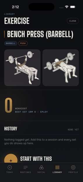 A CMAX exercise page for Bench Press (Barbell), showing two anatomical illustrations of the lift