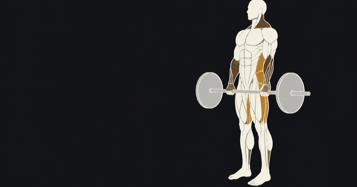 Anatomical illustration of a lifter at the top of a barbell deadlift, drawn in bone and brass on graphite