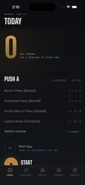 The CMAX Today screen showing the day's routine and a Start control